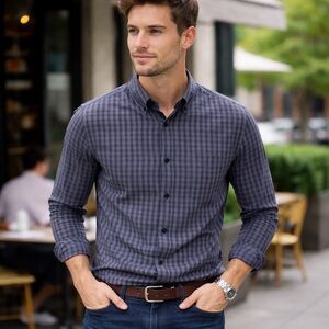 Nat Nast Men’s Navy Gray Stripe Long Sleeve Button-Down Shirt | Size M